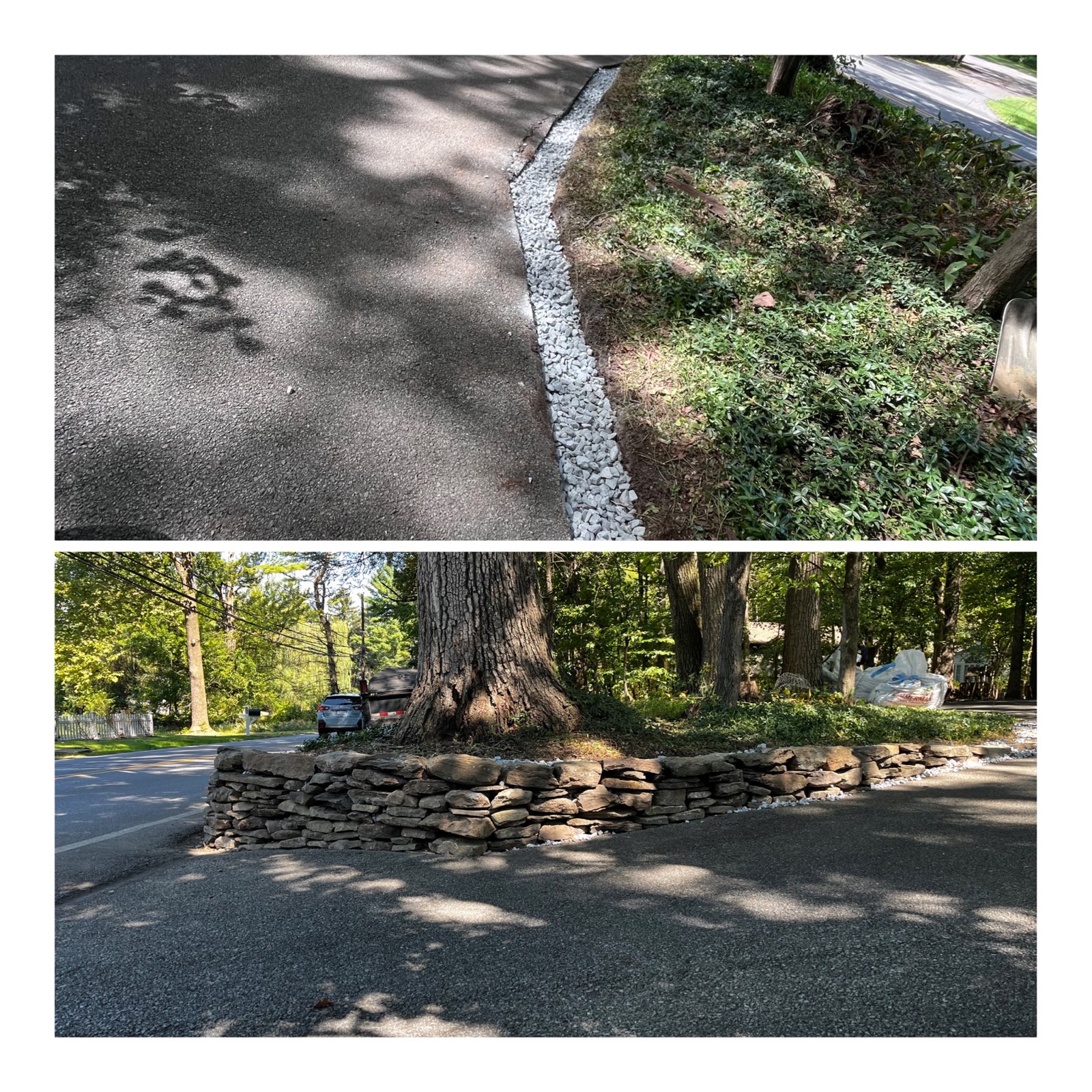 French drain installation close up gravel and pipe